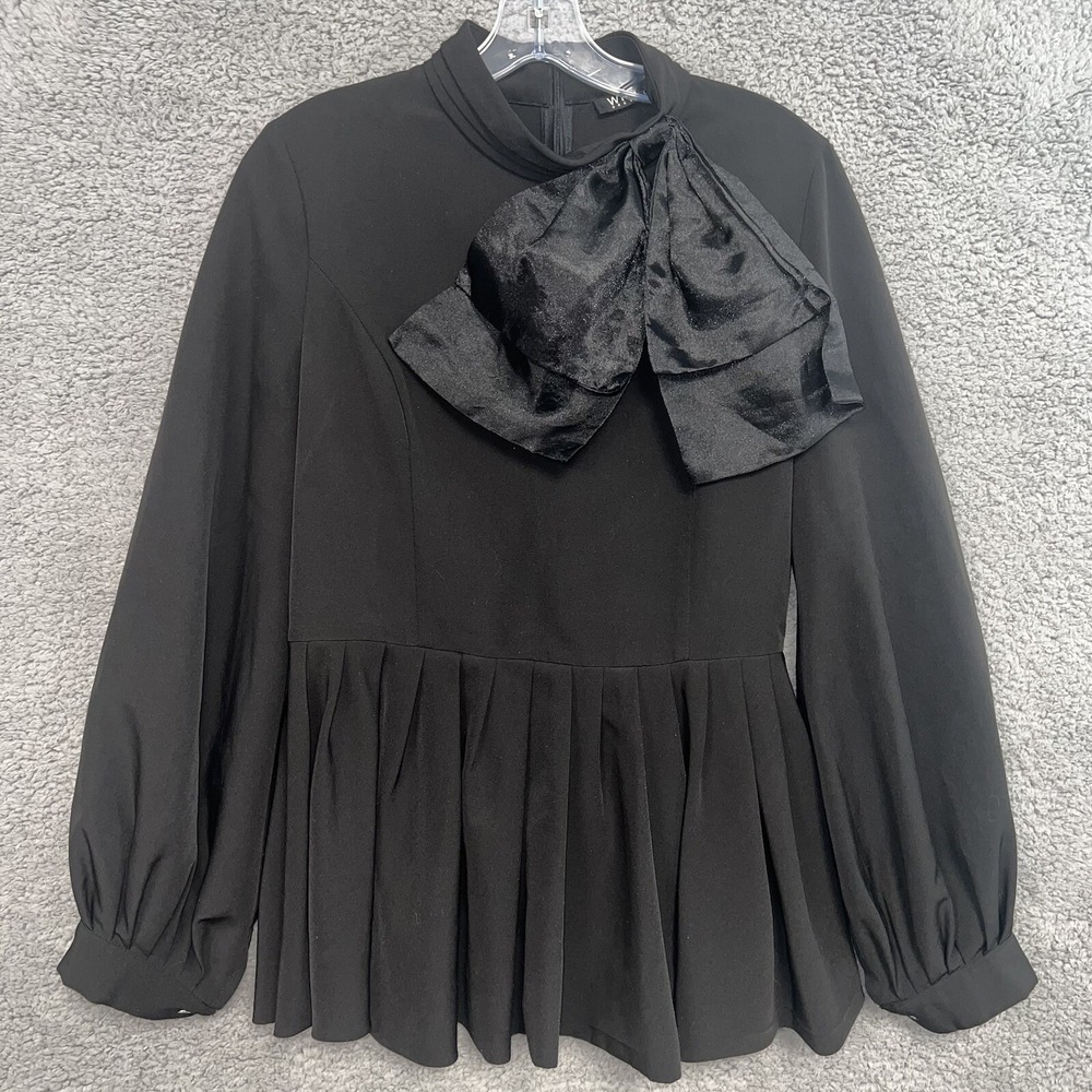 WHY DRESS Black Statement Sz L Sculpture Bow Pleated Bubble Blouse 3/4 Back Zip